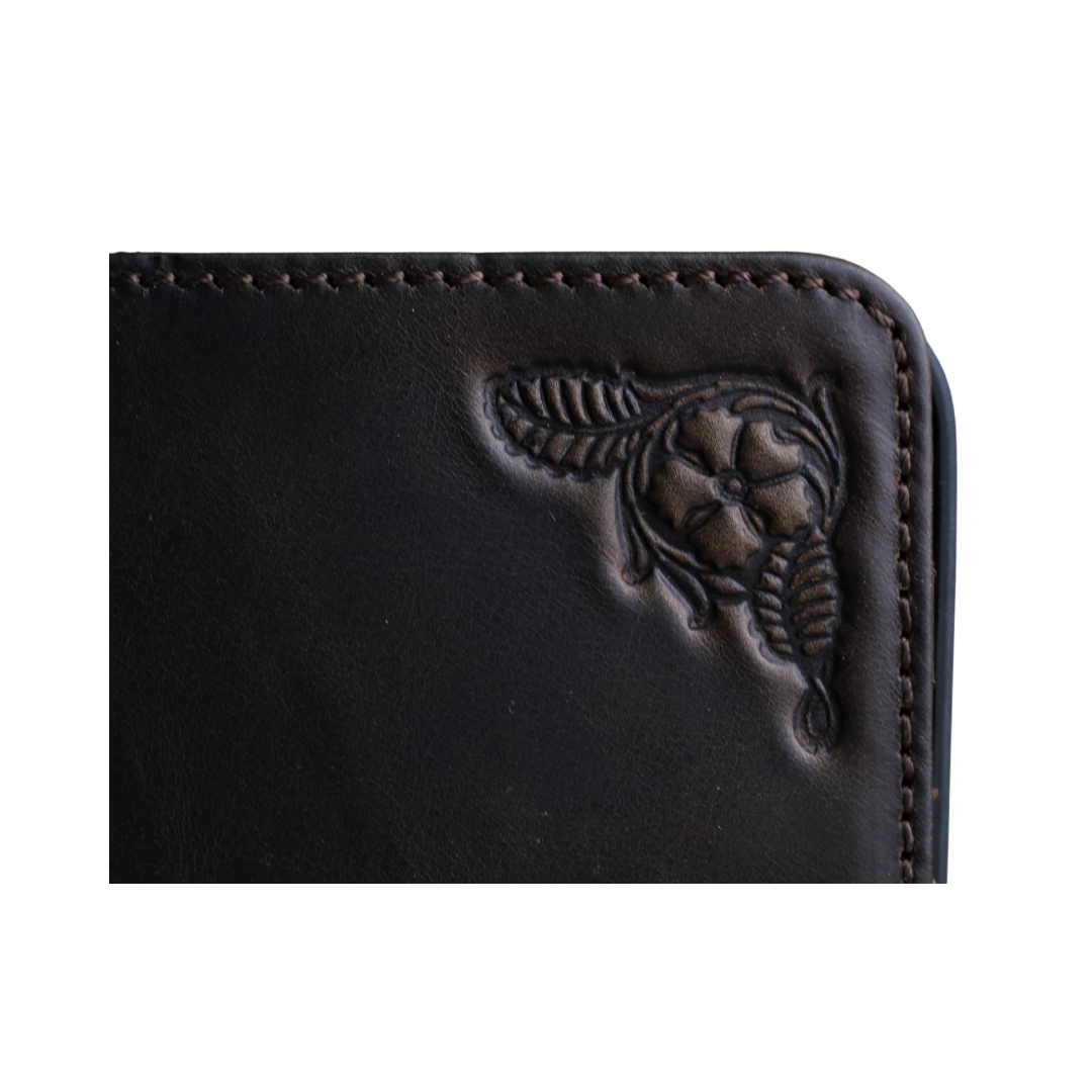 ARICHI Handcrafted Brown Leather iPhone Case with Magnetic Closure and Embossed Design – Detachable Magnetic Wallet Cover for iPhone
