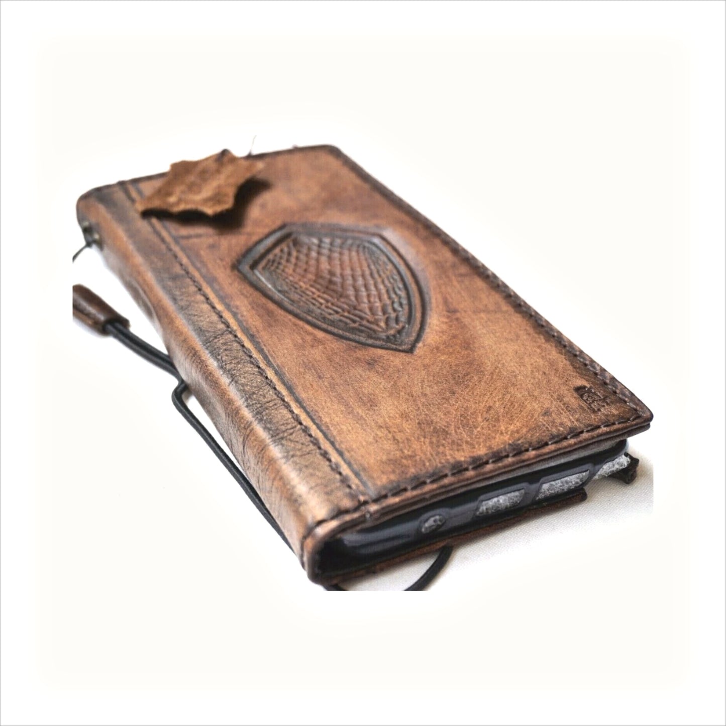 ARICHI Handcrafted Polished Brown Leather iPhone Case with Diamond Embossing – Premium Genuine Leather Cover for iPhone Wallet Book Style