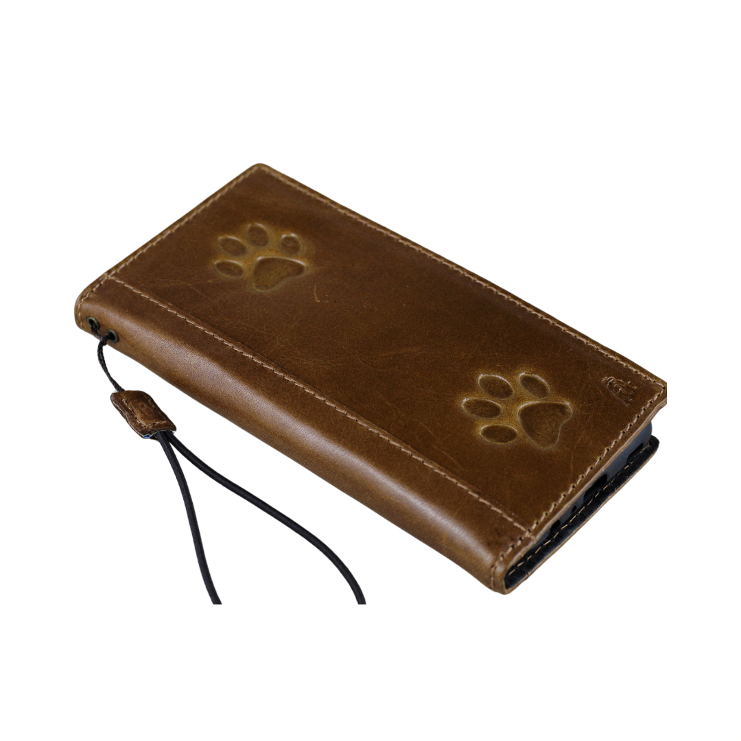 ARICHI Genuine Leather Dog Paw Case for Google Pixel – Handmade Tan Cover with Stamped Dog Paw Design & Card Slots