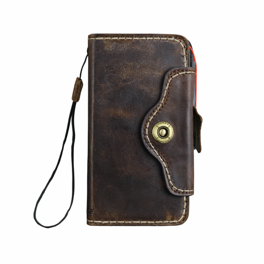 ARICHI Genuine Vintage Leather Case For iPhone 11 12 13 14 15 16 Pro Max  17 Air Book Cover Wallet Button Closure Hand-Stitched