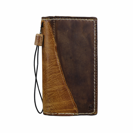 ARICHI Handmade Brown Leather Apple iPhone Case | Ostrich Accent | Hand Stitched Wallet Cover with Card Slots