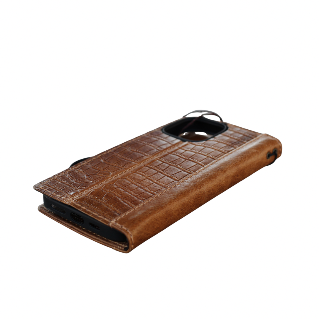 Handmade Genuine Leather Phone Wallet Case – Crocodile Embossed Fits iPhone 17 16 15 14 Christmas Gift | Luxury Brown Leather Flip Cover with Card Slots