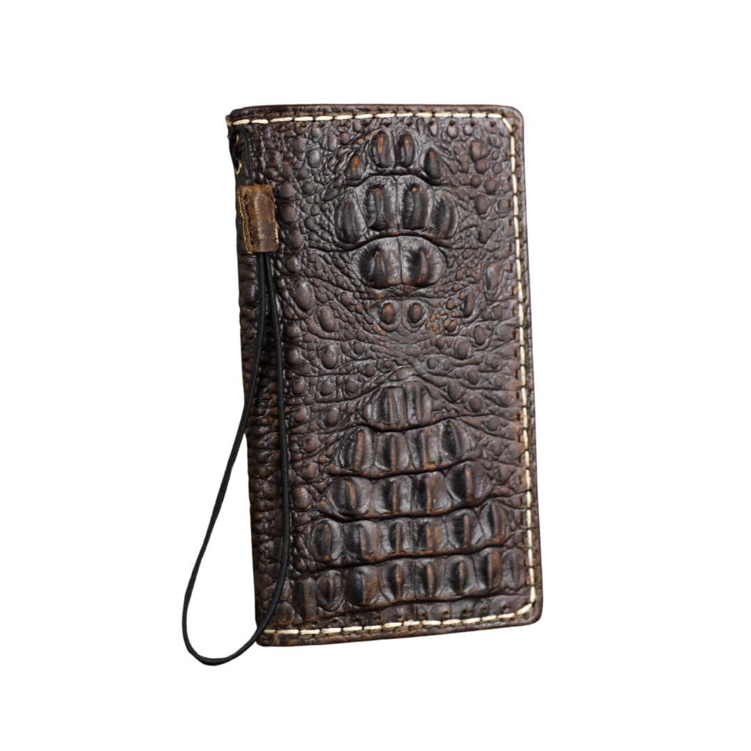 ARICHI Crocodile Embossed Leather Case with Thick White Hand-Stitched Seams for iPhone 6-17 Pro Max SE XS – Luxury Wallet Book Style Cover