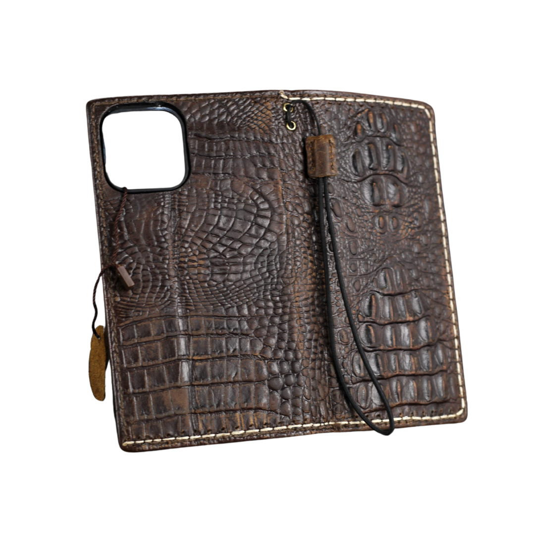 ARICHI Crocodile Embossed Leather Case with Thick White Hand-Stitched Seams for iPhone 6-17 Pro Max SE XS – Luxury Wallet Book Style Cover