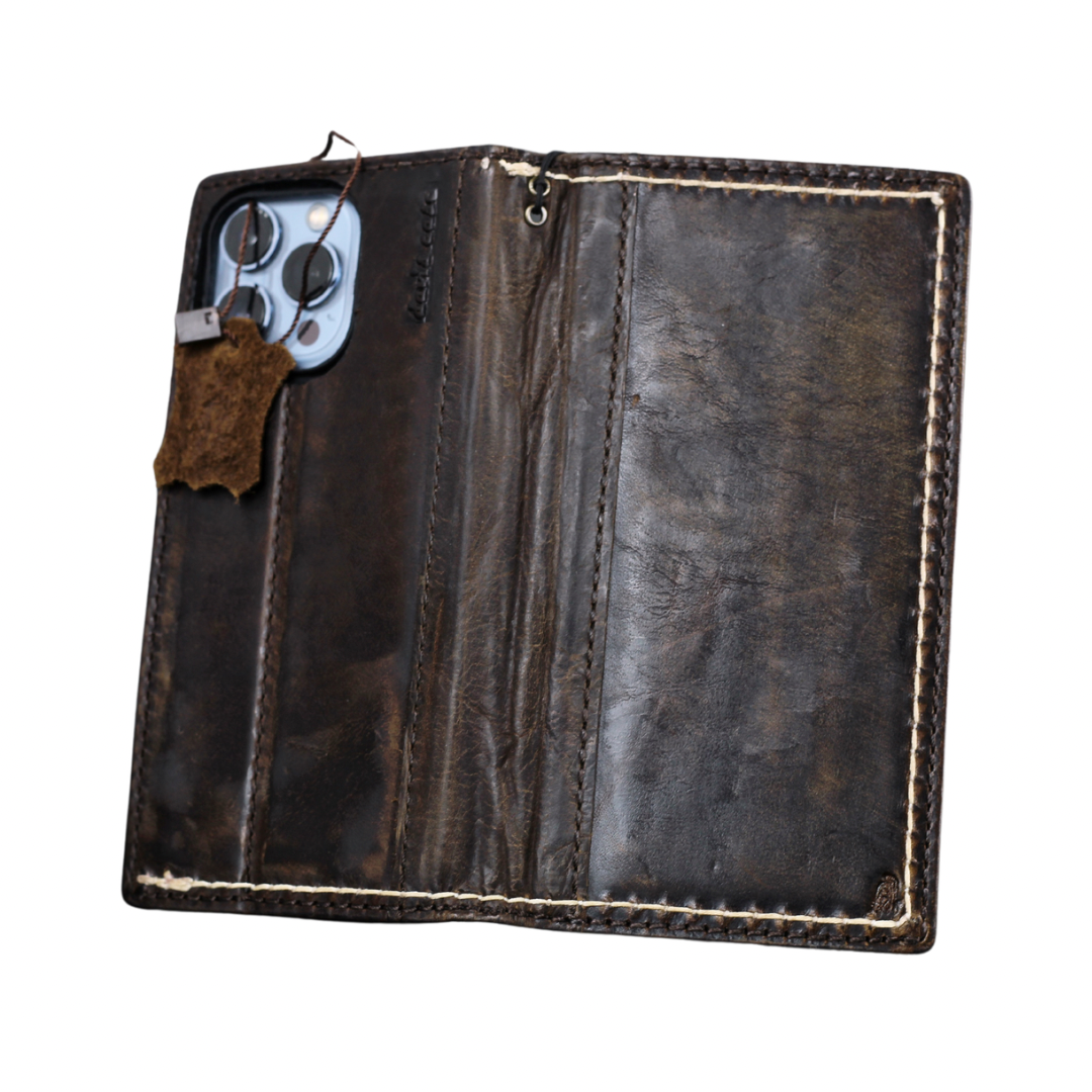 ARICHI Hand-Stitched Leather Wallet Case for iPhone 6-17 Pro Max Air SE XS – Wireless Charging, Card Slots, Book Style