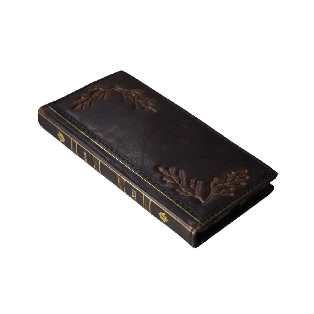 ARICHI Handmade Genuine Leather Case OnePlus Open, 8, 8 Pro, 9, 9 Pro, 12 – Vintage Bible Style with Tree Branch Embossing & Card Slots