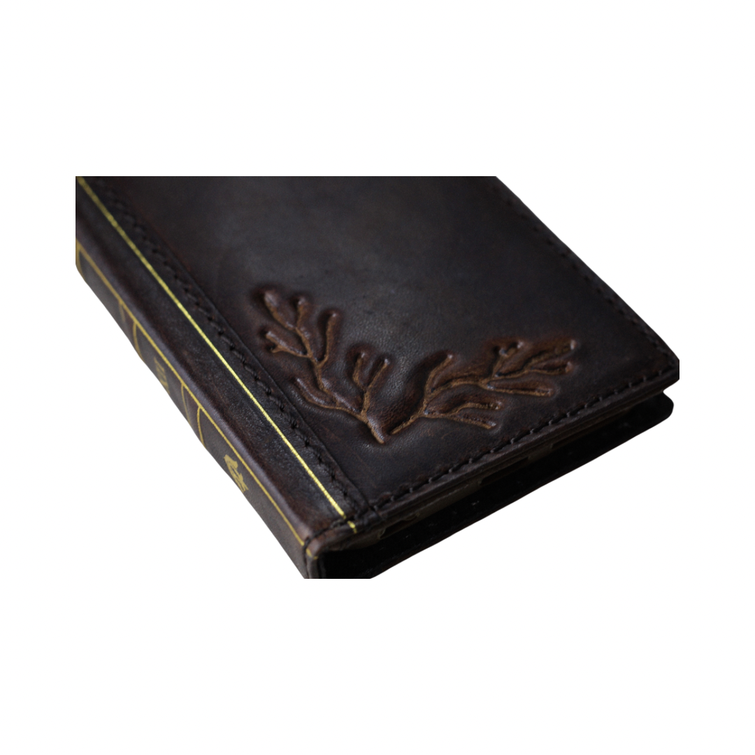 ARICHI Handmade Genuine Leather Case OnePlus Open, 8, 8 Pro, 9, 9 Pro, 12 – Vintage Bible Style with Tree Branch Embossing & Card Slots
