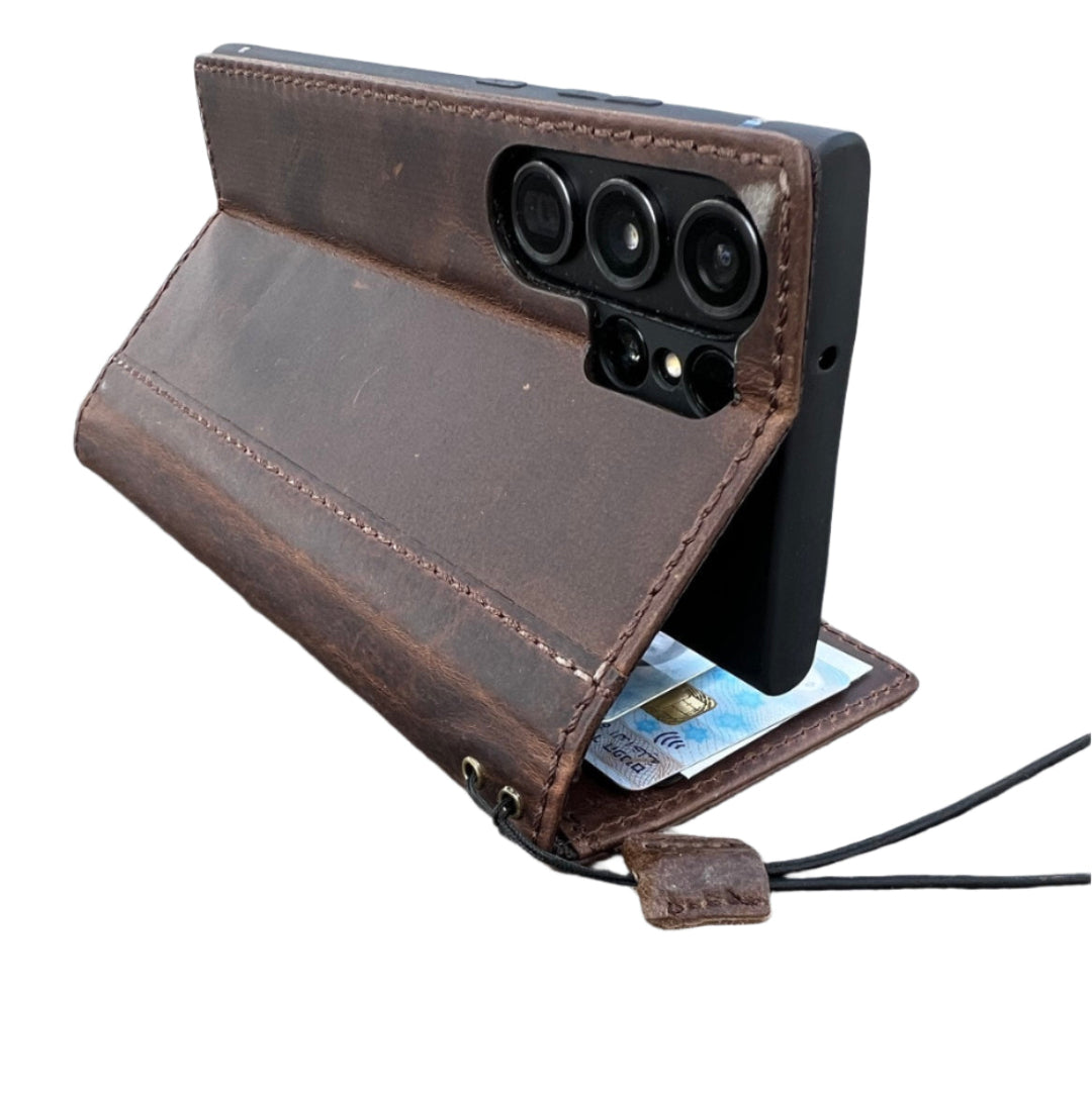 Handmade Dark Brown Leather Samsung GalaxyS26, S25 Edge, S24, S23, S22 Ultra, Fe Case with Tree of Life Embossing, Card Slots