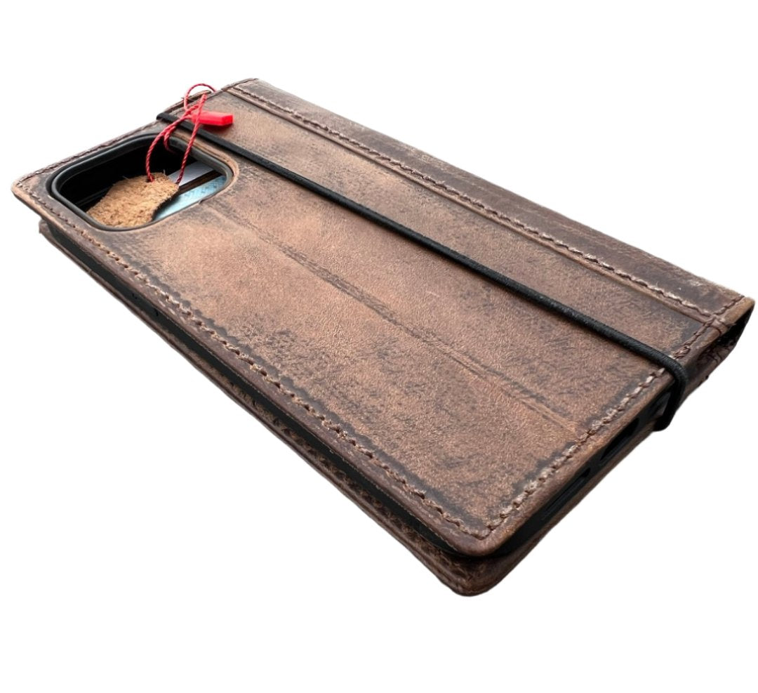 ARICHI Handcrafted Polished Brown Leather iPhone Case with Diamond Embossing – Premium Genuine Leather Cover for iPhone Wallet Book Style