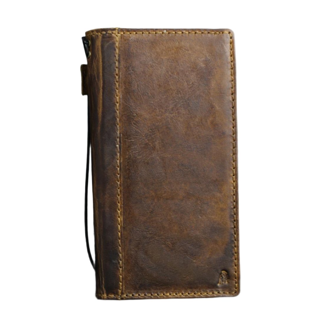 ARICHI Handmade Waxed Leather iPhone Case – Polished Sanded Finish, Vintage Style with White Stitching, for iPhone 11–16 Pro Max Wallet Cover
