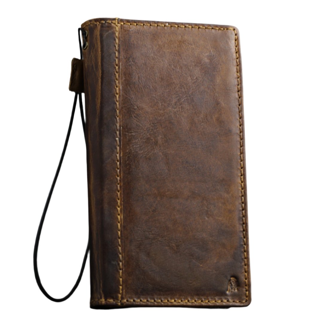 ARICHI Handmade Waxed Leather iPhone Case – Polished Sanded Finish, Vintage Style with White Stitching, for iPhone 11–16 Pro Max Wallet Cover