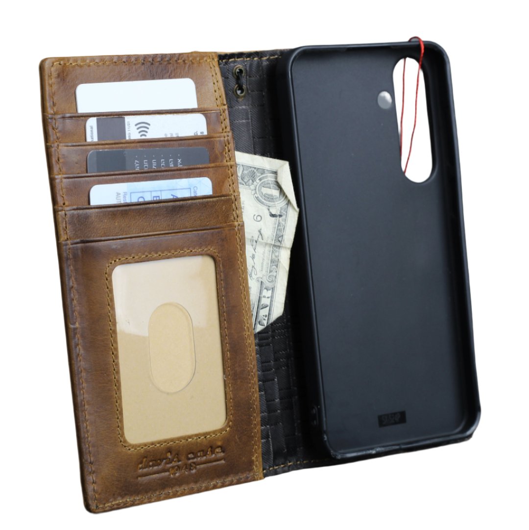 ARICHI Handmade Waxed Leather iPhone Case – Polished Sanded Finish, Vintage Style with White Stitching, for iPhone 11–16 Pro Max Wallet Cover