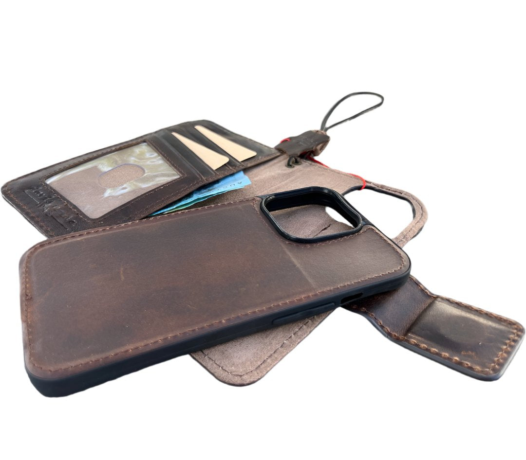 ARICHI Handcrafted Brown Leather iPhone Case with Magnetic Closure and Embossed Design – Detachable Magnetic Wallet Cover for iPhone