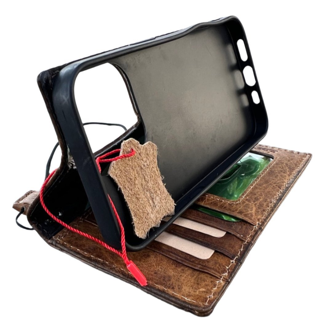 ARICHI Handcrafted Light Tan Leather iPhone Case – Smoked Wax Finish Wallet Cover for iPhone