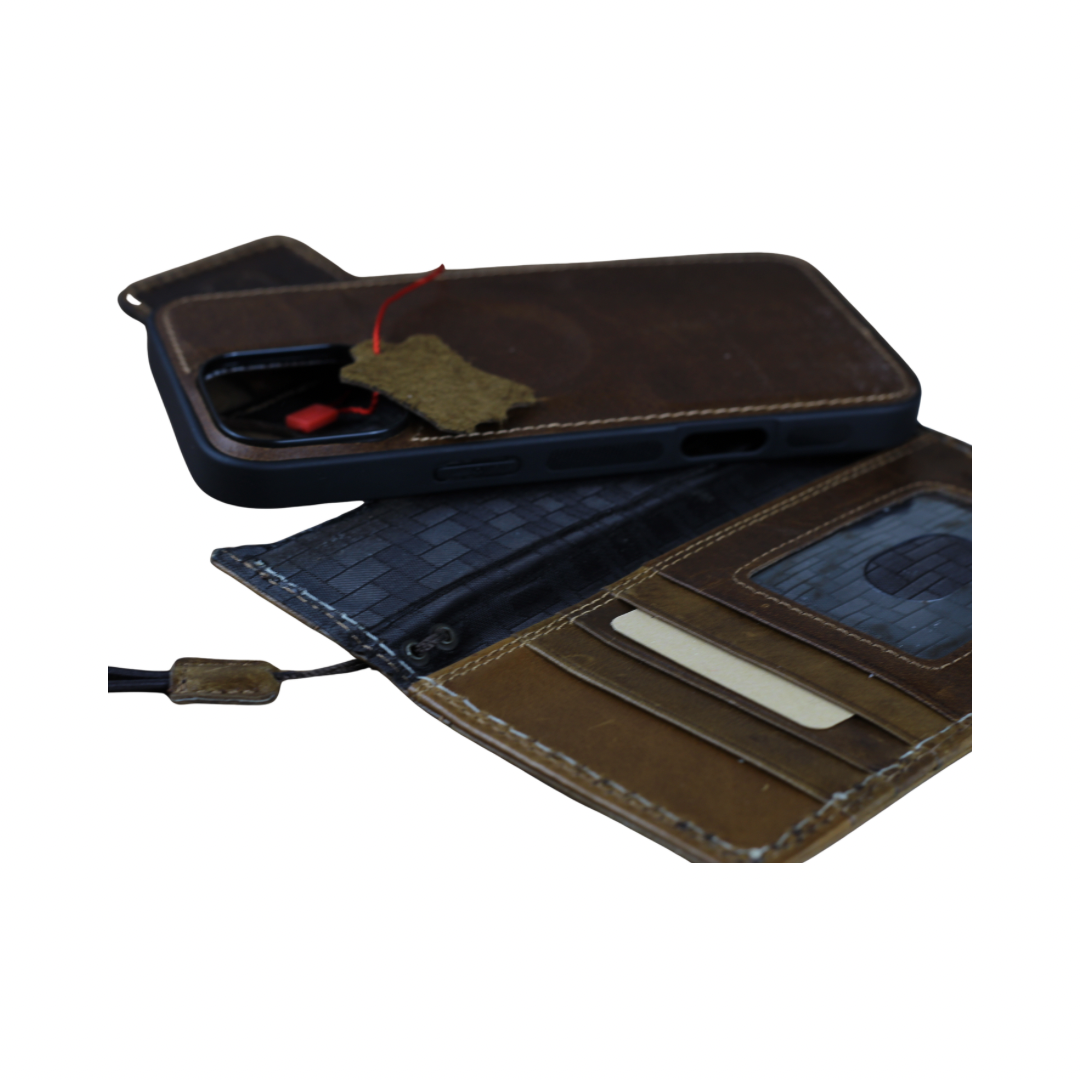 Genuine Ostrich-Embossed Leather Phone Case with Card Slots – Handmade Luxury Leather Cover with White Stitching