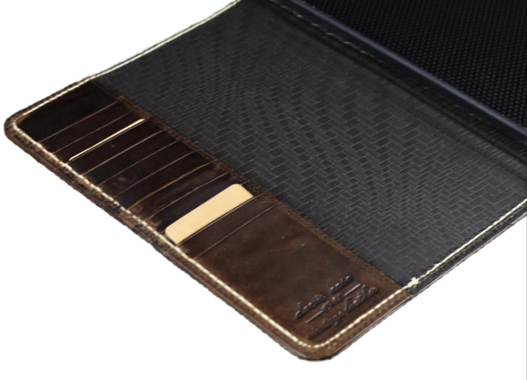 ARICHI Genuine Leather iPad Case – Dark Brown, Hand-Stitched White Thread, Magnetic Closure