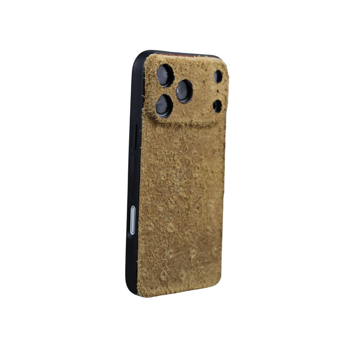 Suede Leather iPhone Case – Ostrich Embossed Genuine Leather | Handmade Luxury Suede Phone Cover for iPhone 17, 16, 15, 14 | Brown Vintage Finish