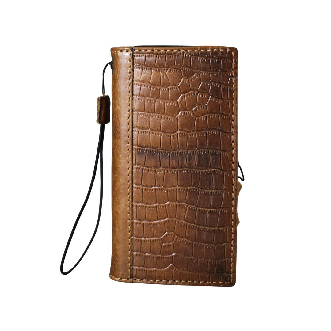 Handmade Genuine Leather Phone Wallet Case – Crocodile Embossed Fits iPhone 17 16 15 14 Christmas Gift | Luxury Brown Leather Flip Cover with Card Slots