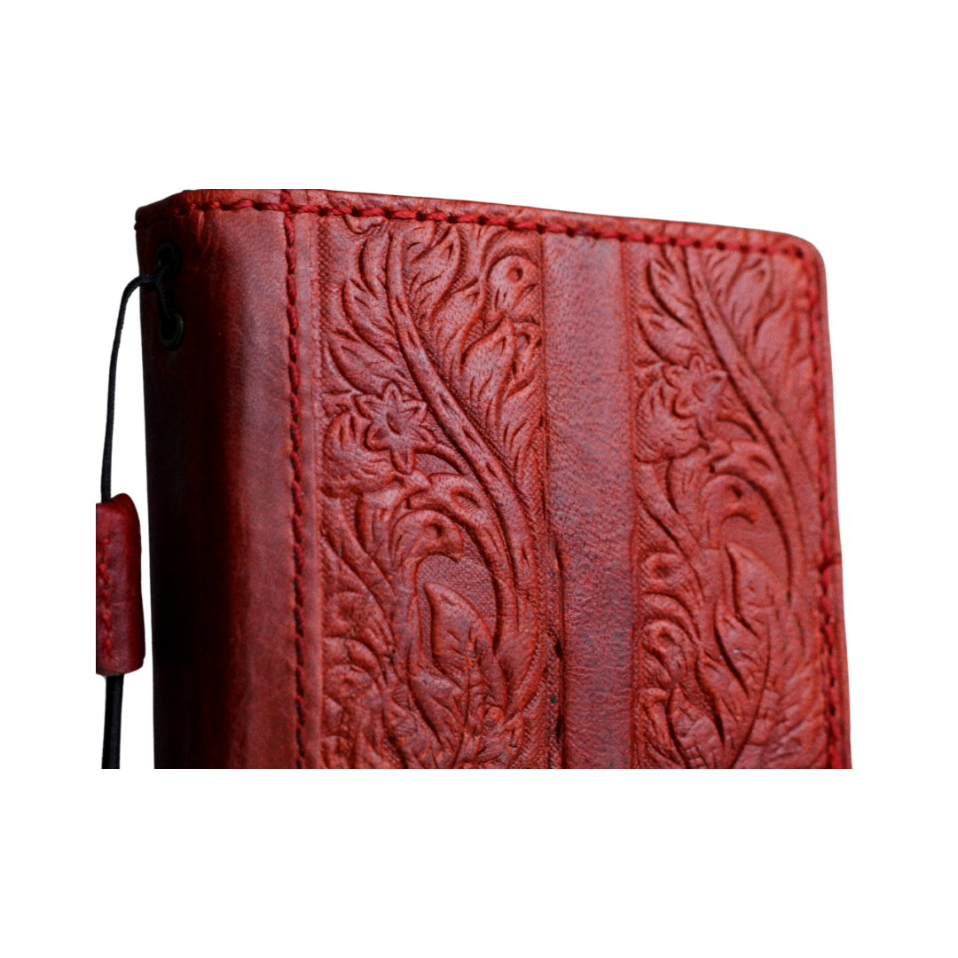 ARICHI Handmade Red Leather Samsung Galaxy Case with Card Slots | Flower Embossed Vintage Style Wallet Cover