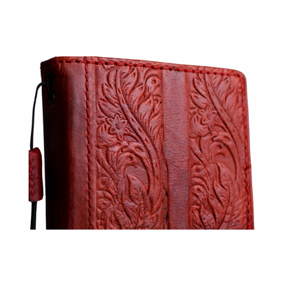 ARICHI Handmade Red Leather iPhone Case with Card Slots | Flower Embossed Vintage Style Wallet Cover