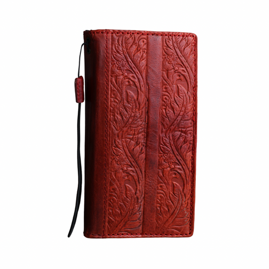 ARICHI Handmade Red Leather iPhone Case with Card Slots | Flower Embossed Vintage Style Wallet Cover