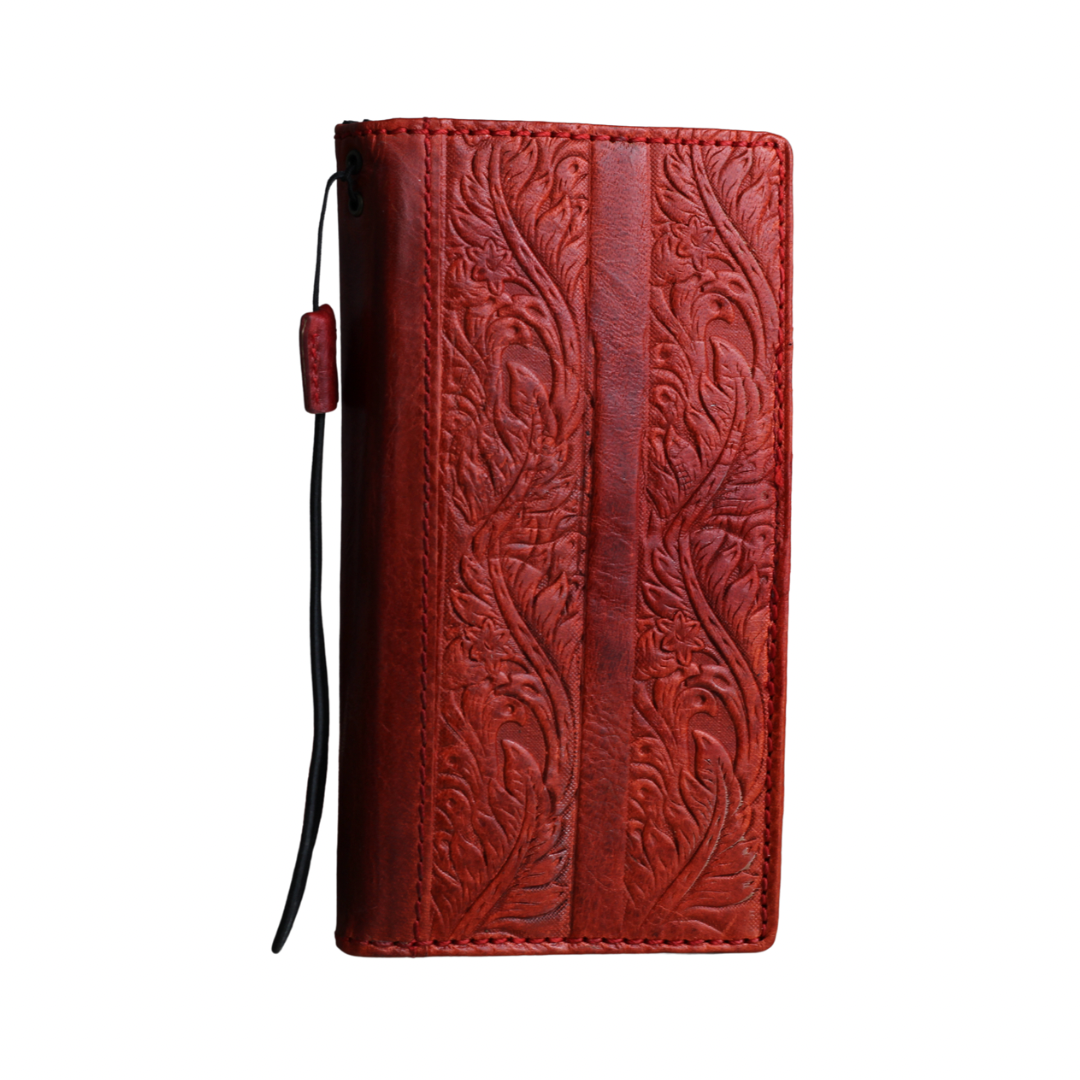 ARICHI Handmade Red Leather Samsung Galaxy Case with Card Slots | Flower Embossed Vintage Style Wallet Cover