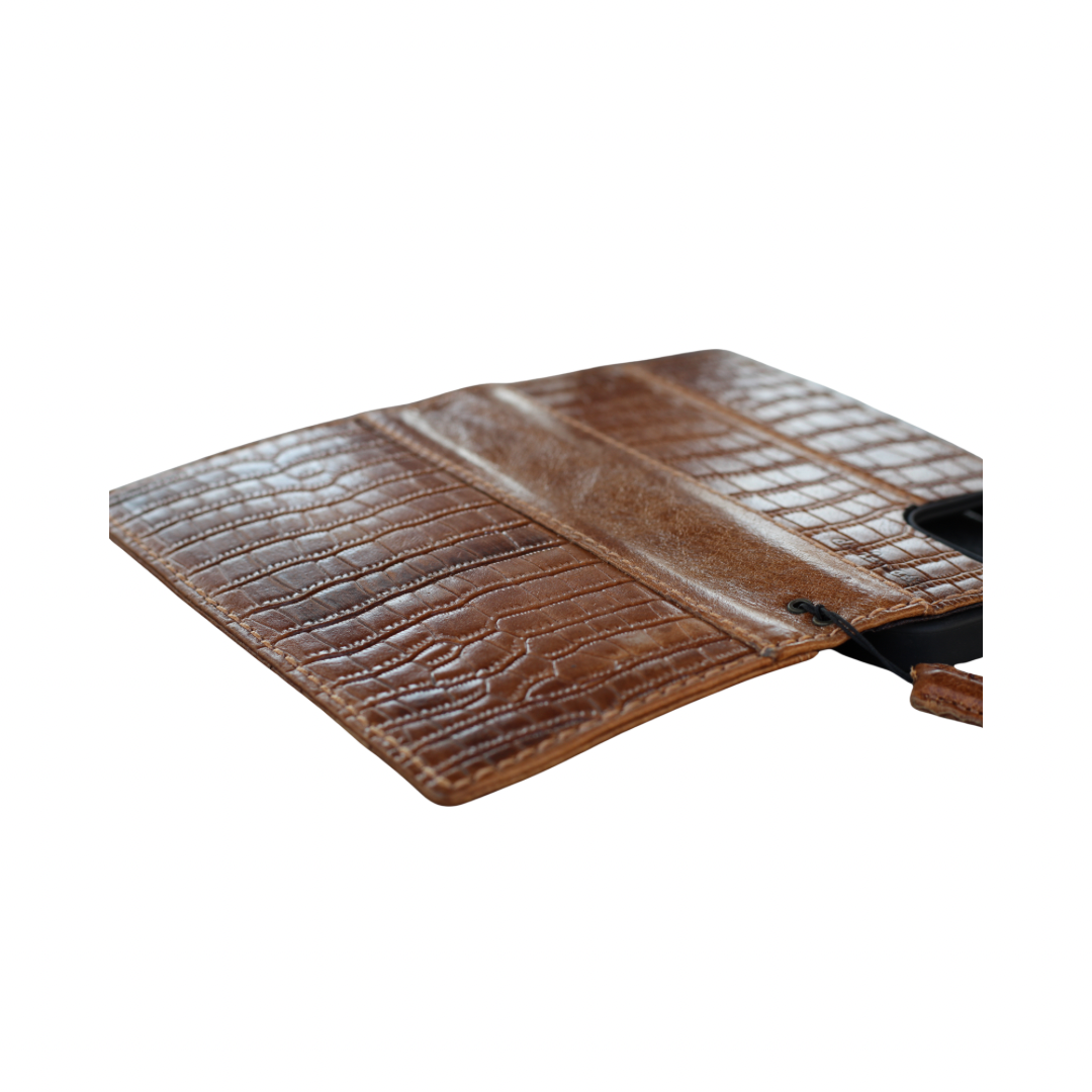 Handmade Genuine Leather Phone Wallet Case – Crocodile Embossed Fits iPhone 17 16 15 14 Christmas Gift | Luxury Brown Leather Flip Cover with Card Slots