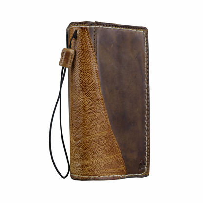ARICHI Handmade Brown Leather Apple iPhone Case | Ostrich Accent | Hand Stitched Wallet Cover with Card Slots