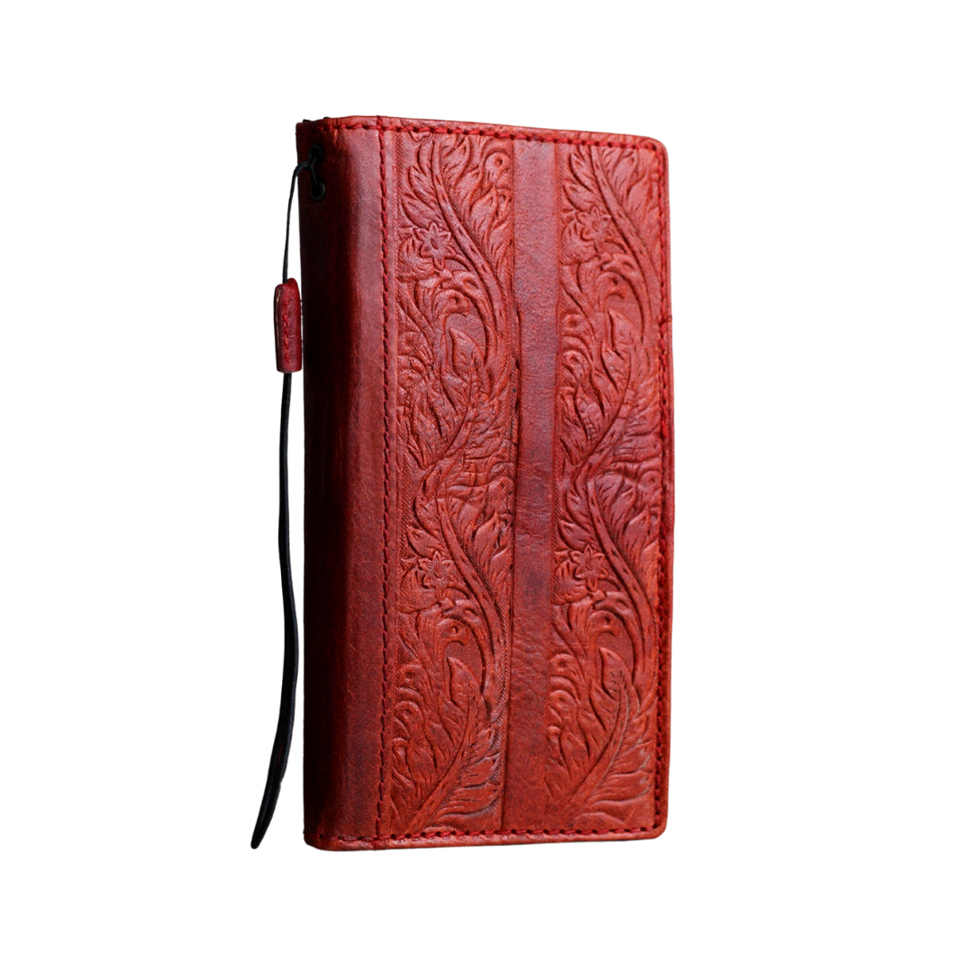 ARICHI Handmade Red Leather Samsung Galaxy Case with Card Slots | Flower Embossed Vintage Style Wallet Cover