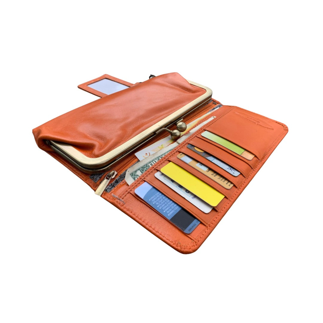 Vintage Cognac Leather Wallet for Women, Vintage Kiss Lock Clutch Purse, Genuine Leather Card Holder Wallet, Handmade 60s Style Wallet