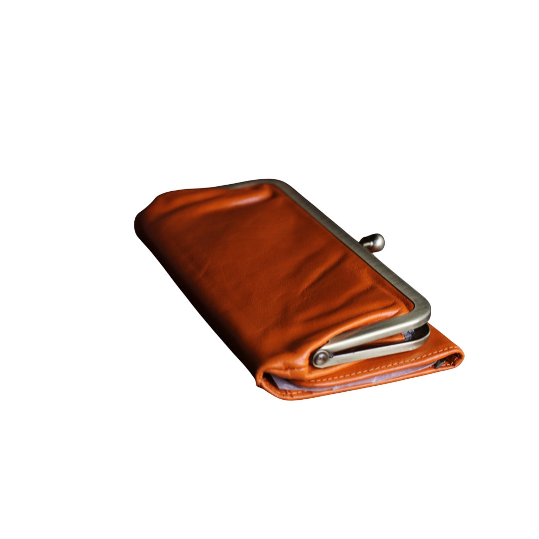 Vintage Cognac Leather Wallet for Women, Vintage Kiss Lock Clutch Purse, Genuine Leather Card Holder Wallet, Handmade 60s Style Wallet