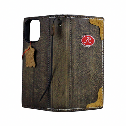 Handmade Leather iPhone Case – Baseball-Inspired Wallet Cover with Waxed Vintage Finish – Suede Stitch Details – Arichi Brand – For OnePlus Open, 8, 8 Pro, 9 9 Pro, 11, 12,13