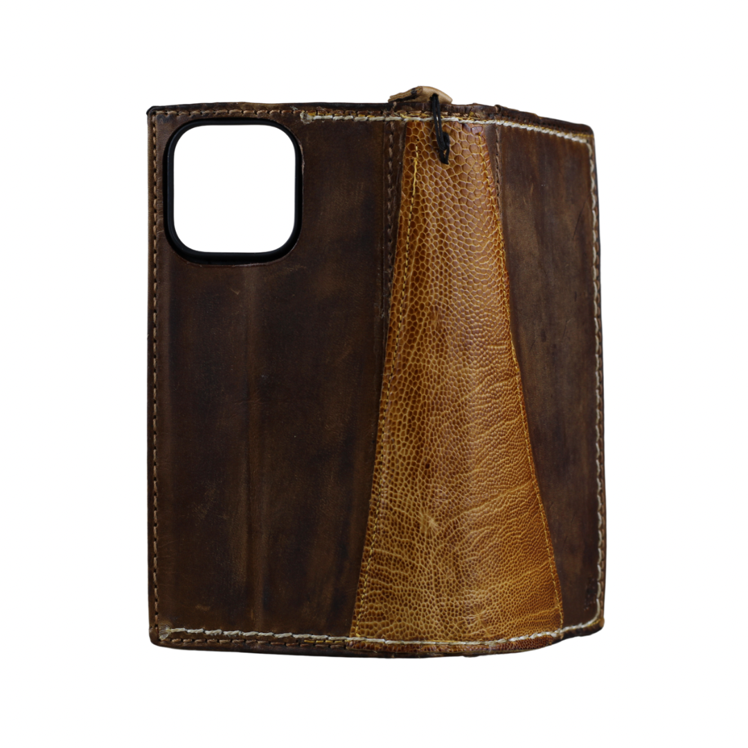 ARICHI Handmade Brown Leather OnePlus Case | Ostrich Accent | Hand Stitched Wallet Cover with Card Slots