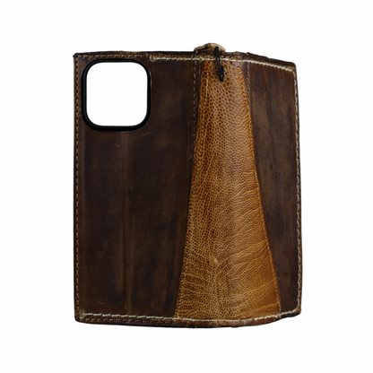 ARICHI Handmade Brown Leather Apple iPhone Case | Ostrich Accent | Hand Stitched Wallet Cover with Card Slots