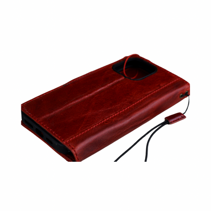 ARICHI Handmade Red Leather iPhone Case with Card Slots | Flower Embossed Vintage Style Wallet Cover