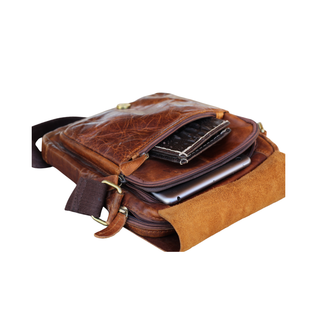 Handmade Distressed Leather Messenger Bag – Vintage Full Grain Leather Crossbody Satchel for Men – Tablet Shoulder Bag – Everyday Leather Sling Bag