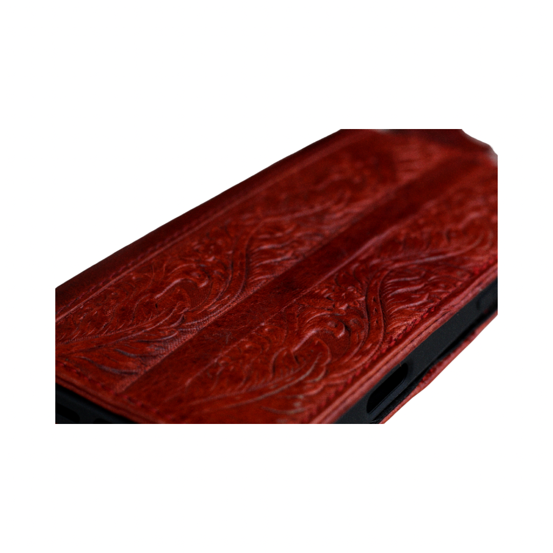 ARICHI Handmade Red Leather Samsung Galaxy Case with Card Slots | Flower Embossed Vintage Style Wallet Cover