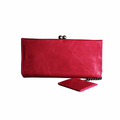 Pink Leather Wallet for Women, Vintage Kiss Lock Clutch Purse, Genuine Leather Card Holder Wallet, Handmade 60s Style Wallet