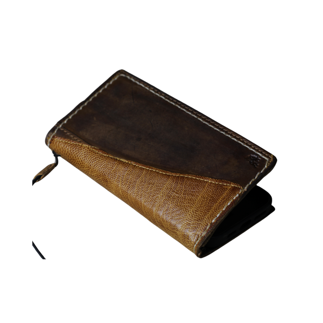 ARICHI Handmade Brown Leather OnePlus Case | Ostrich Accent | Hand Stitched Wallet Cover with Card Slots