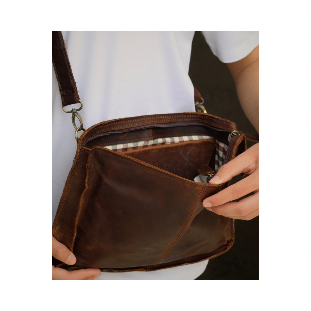 Vintage Leather Crossbody Bag | Handmade Full Grain Leather iPad Messenger Bag