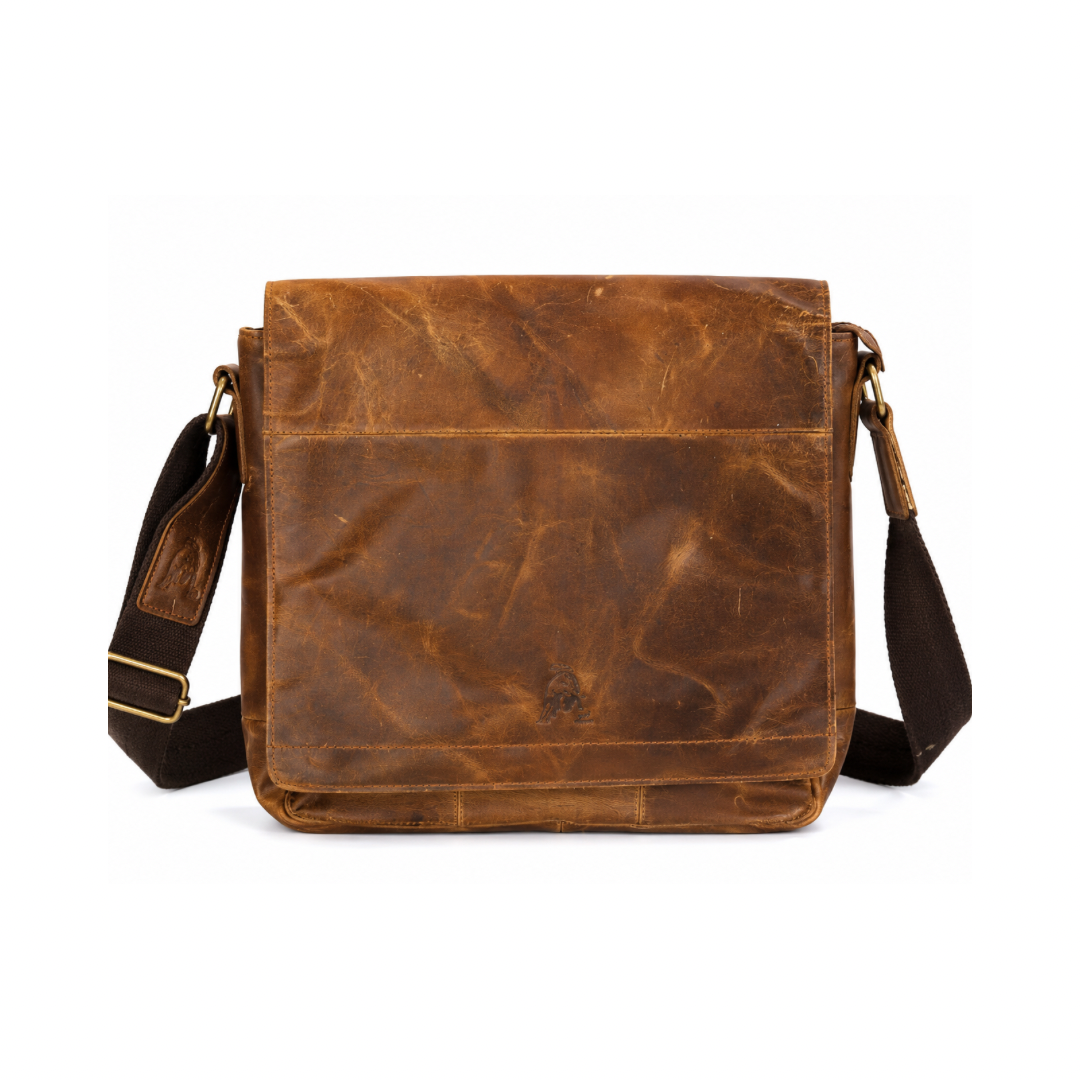 Handmade Crazy Horse Leather Messenger Bag for iPad 10" and 11" in Vintage Brown Genuine Leather