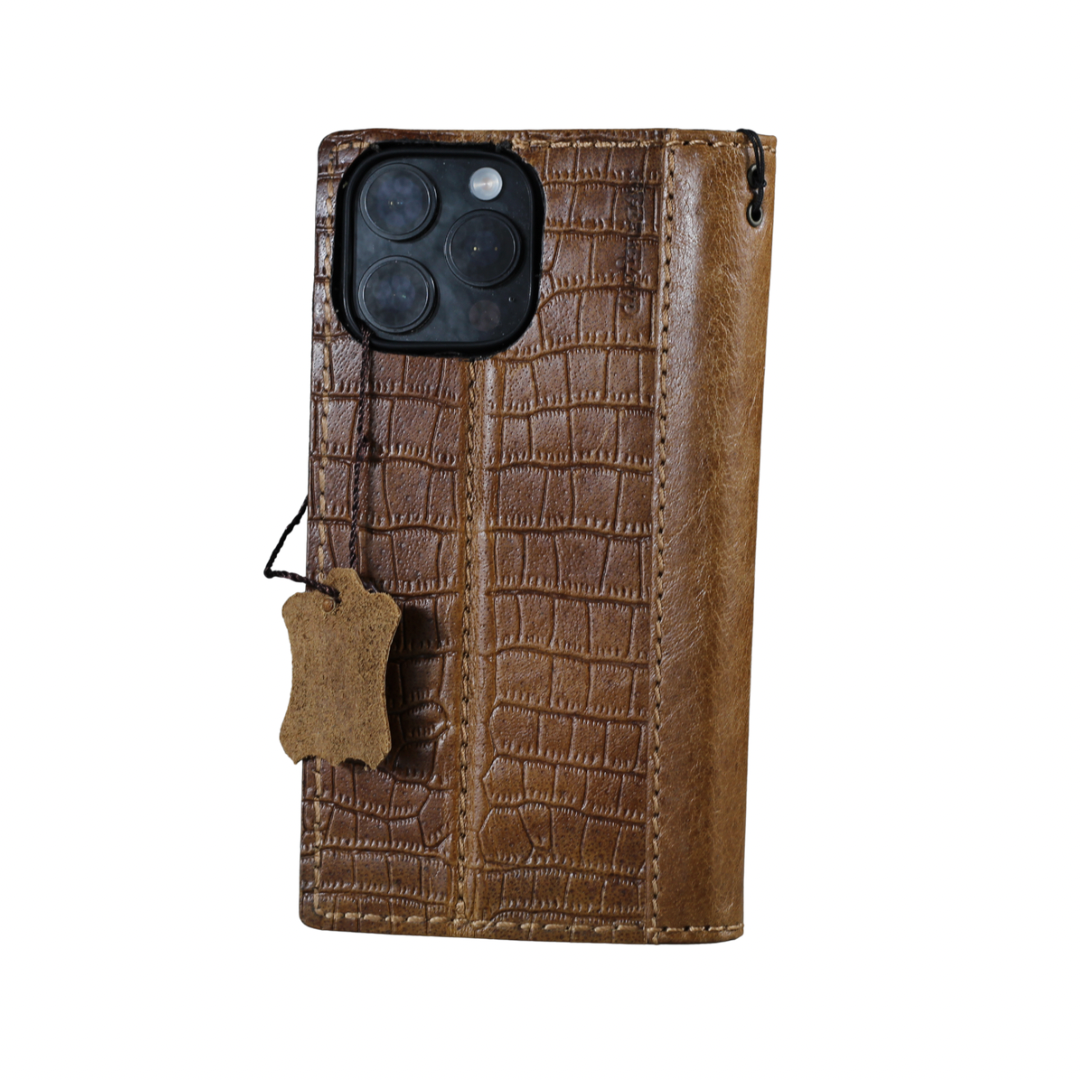 Handmade Genuine Leather Phone Wallet Case – Crocodile Embossed Fits iPhone 17 16 15 14 Christmas Gift | Luxury Brown Leather Flip Cover with Card Slots