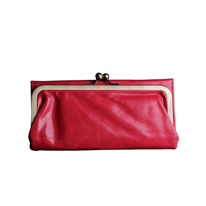 Pink Leather Wallet for Women, Vintage Kiss Lock Clutch Purse, Genuine Leather Card Holder Wallet, Handmade 60s Style Wallet