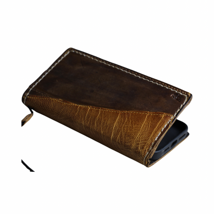ARICHI Handmade Brown Leather Apple iPhone Case | Ostrich Accent | Hand Stitched Wallet Cover with Card Slots