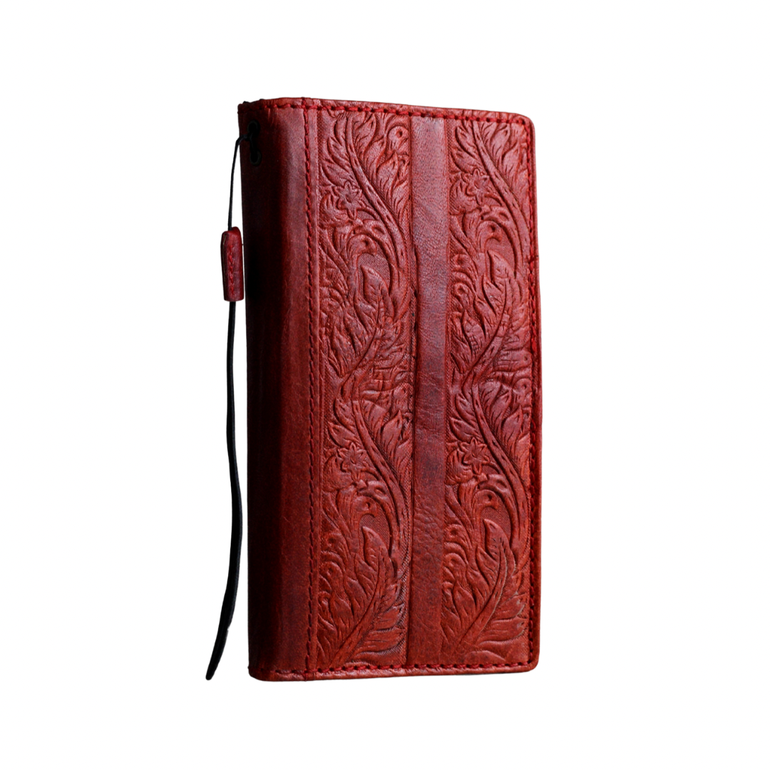 ARICHI Handmade Red Leather Samsung Galaxy Case with Card Slots | Flower Embossed Vintage Style Wallet Cover