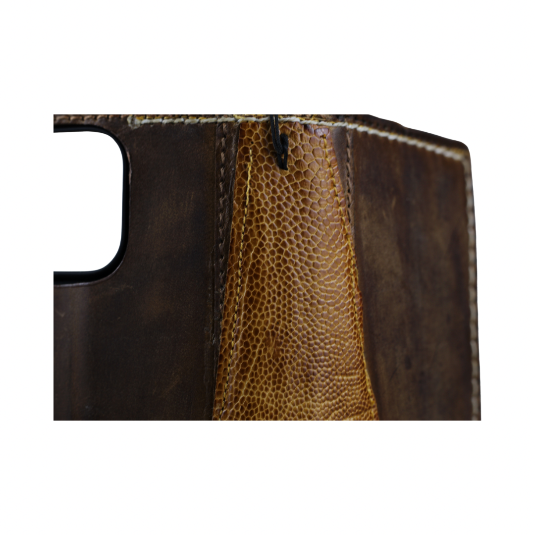ARICHI Handmade Brown Leather OnePlus Case | Ostrich Accent | Hand Stitched Wallet Cover with Card Slots
