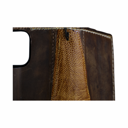 ARICHI Handmade Brown Leather Apple iPhone Case | Ostrich Accent | Hand Stitched Wallet Cover with Card Slots