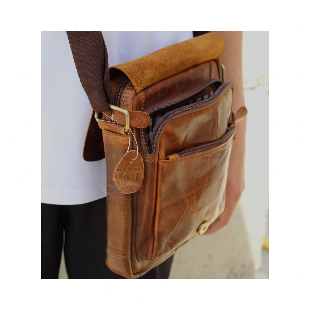 Handmade Distressed Leather Messenger Bag – Vintage Full Grain Leather Crossbody Satchel for Men – Tablet Shoulder Bag – Everyday Leather Sling Bag