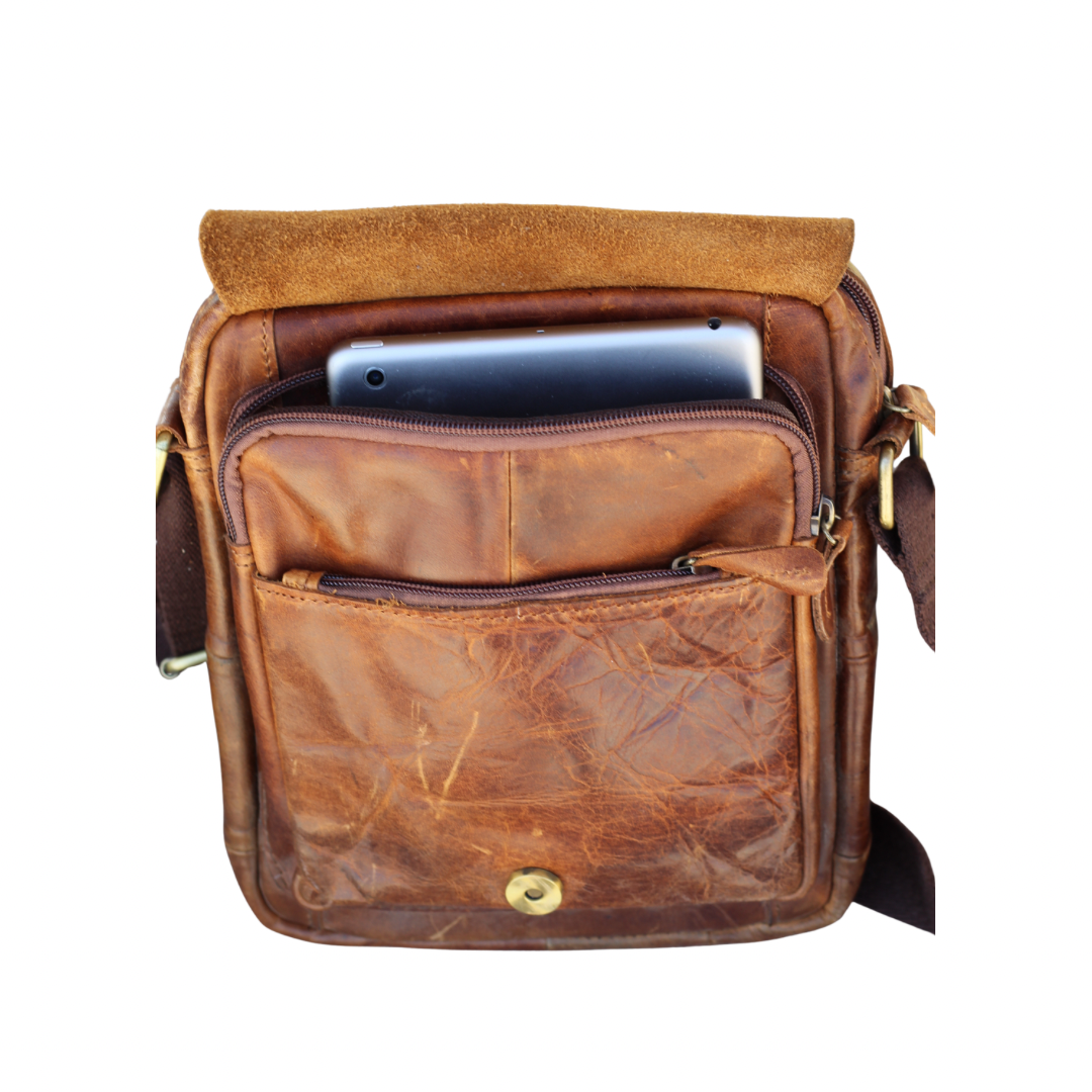 Handmade Distressed Leather Messenger Bag – Vintage Full Grain Leather Crossbody Satchel for Men – Tablet Shoulder Bag – Everyday Leather Sling Bag