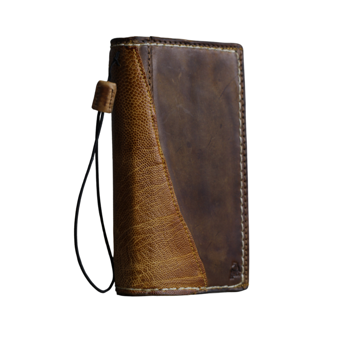 ARICHI Handmade Brown Leather OnePlus Case | Ostrich Accent | Hand Stitched Wallet Cover with Card Slots